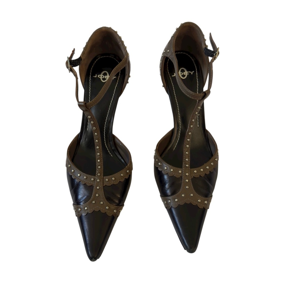JOEY O Brown Studded Leather T-Strap Heels Pointed Toe Pumps Size 6